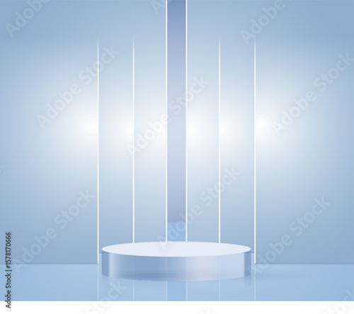 Minimalist light blue cosmetic product mockup scene with a round glass podium and soft natural shadows, perfect for showcasing skincare or beauty packaging design.	
