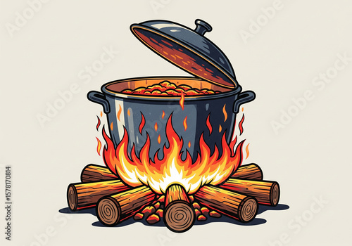 Outdoor Cooking Pot Over Campfire Stew
