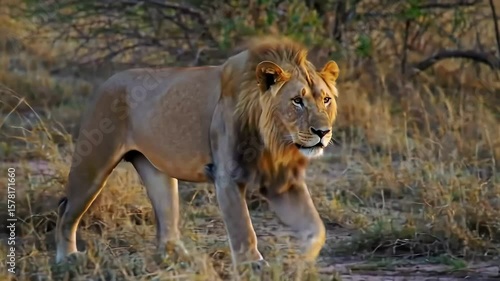Wallpaper Mural A powerful male lion walks majestically through the African savanna in slow motion. This regal big cat with an intense gaze symbolizes strength, leadership, and raw nature. Torontodigital.ca