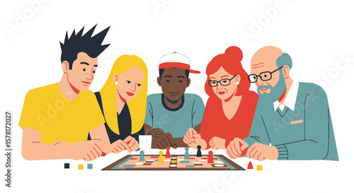 Diverse Group Playing Board Game. Friends & Family Enjoying Tabletop Game Fun. Intergenerational Leisure & Social Activity Illustration.