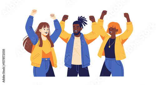 Diverse Group Celebrating Success and Unity. Happy Young Adults Raising Hands in Joy, Symbolizing Teamwork, Community, and Achievement