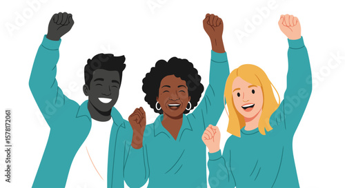 Diverse Group Celebrating Success and Unity with Raised Fists - Empowerment and Joy Illustration