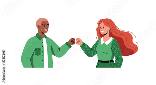 Diverse Man and Woman Fist Bumping: Symbolizing Teamwork, Partnership, and Agreement in Modern Flat Illustration Style