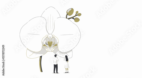 Tiny People Admiring Giant White Orchid Flower, Minimalist Illustration of Nature's Beauty and Scale