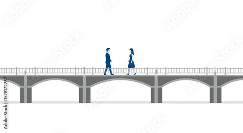 Man and Woman Silhouettes Walking on Bridge, Approaching Each Other - Connection, Encounter, and Relationship Concept