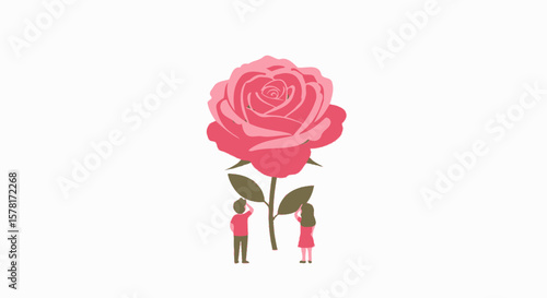 Cuadro en lienzo Oversized Pink Rose and Tiny Couple Illustration, Love and Romance Concept