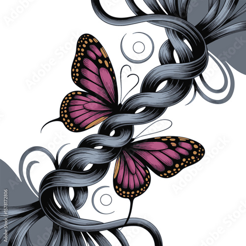 Pink Butterfly Hair Ornament with Long Black Hair