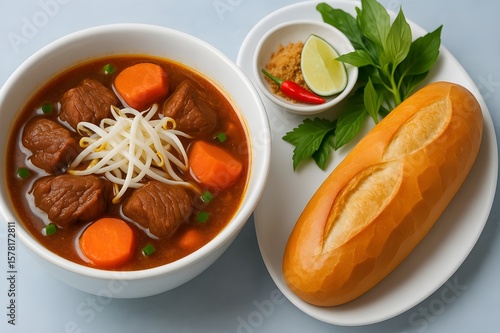 Bánh mì bò kho- traditional Vietnamese Bò Kho (beef stew) served with a crispy golden bánh mì baguette