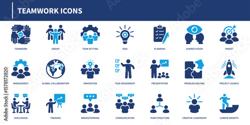 Teamwork icons representing collaboration, project planning, brainstorming, communication, and leadership in solid style.