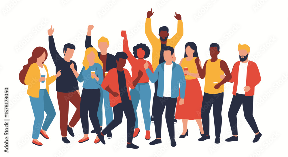 Obraz premium Diverse Group of Happy People Celebrating. Multi-ethnic men and women cheering together, showing unity and friendship in flat illustration.
