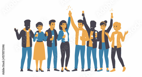Diverse Group Celebrating with Champagne Flutes and Sparklers. Joyful Friends at a Party or Event. Flat Vector Illustration.