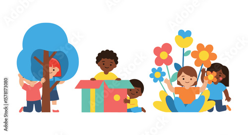 Happy diverse kids playing together outdoors: hiding by a tree, in a box, and among colorful flowers