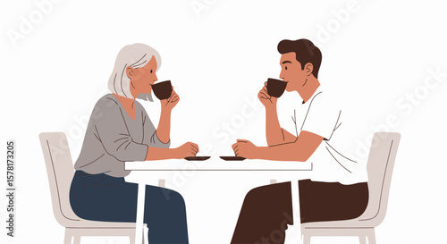 Man and woman drinking coffee at table. Casual conversation, meeting, or date. Flat vector illustration.