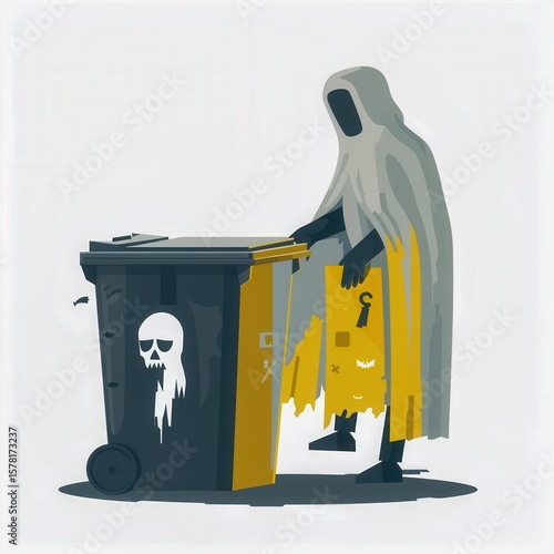 flat design of a ghostly figure sifting through a digital trash bin gray and yellow on figure .