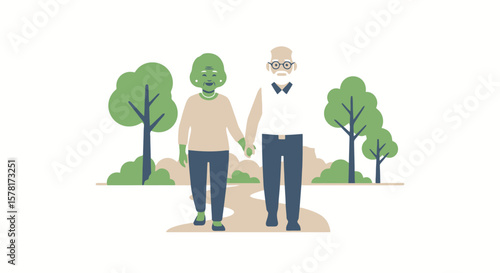Senior couple walking hand in hand in park. Flat illustration of love, companionship, and healthy aging.