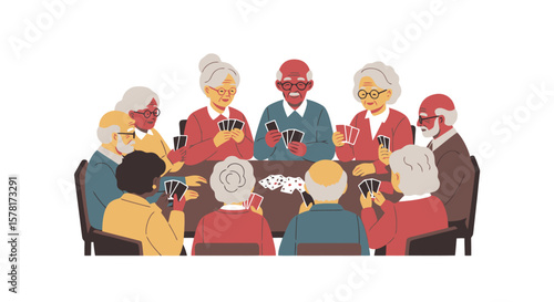 Diverse Senior Group Playing Cards, Enjoying Leisure and Social Time Together