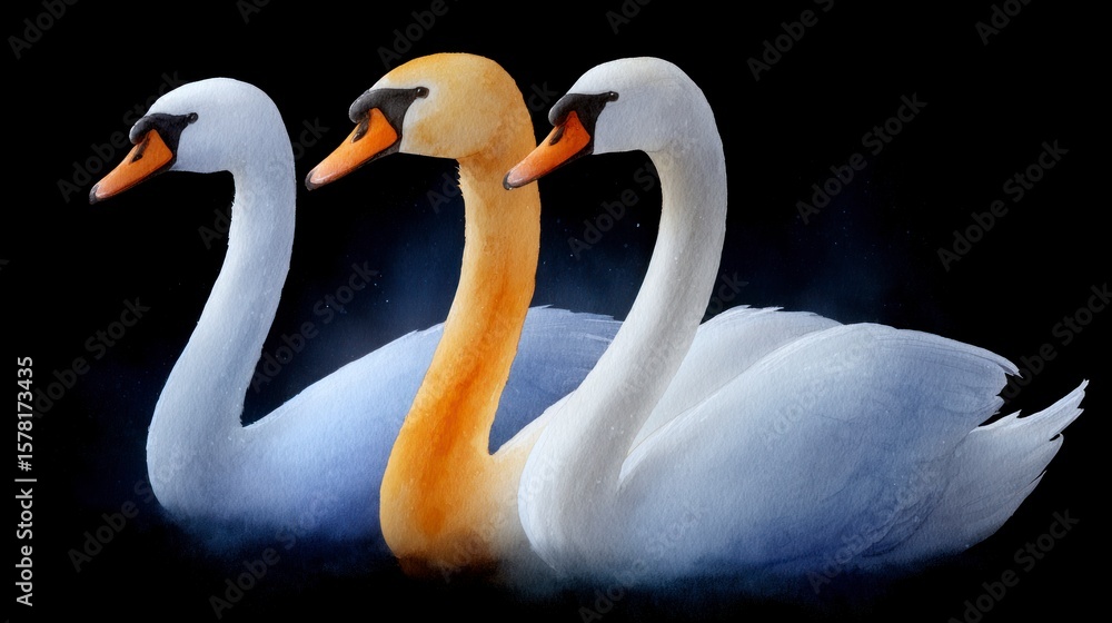 Fototapeta premium Three elegant swans two white and one golden float gracefully on dark water