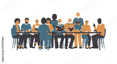 Diverse Group Learning Together at Table: Community Education, Book Club, or Collaborative Meeting Illustration