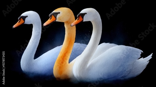 Fototapeta Naklejka Na Ścianę i Meble -  Three elegant swans two white and one golden float gracefully on dark water