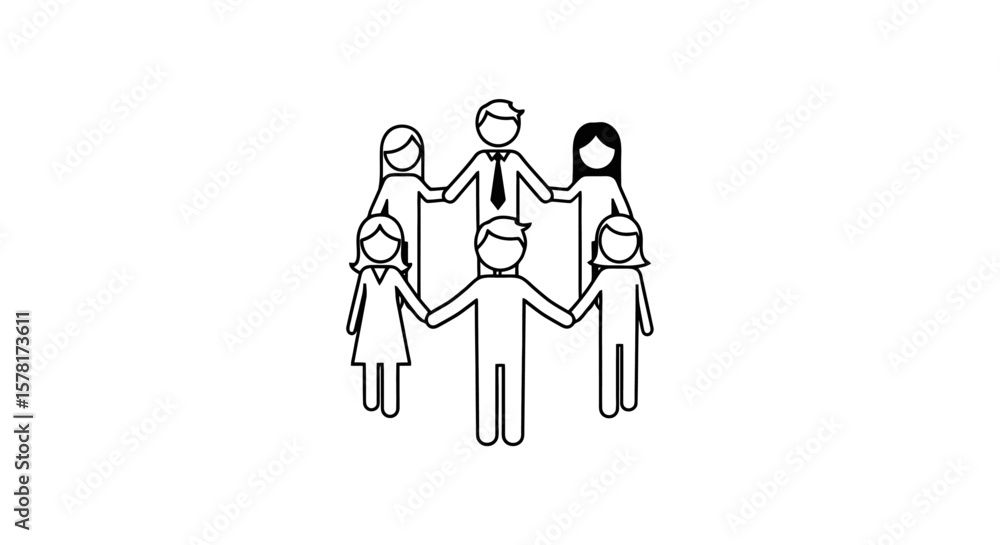 Diverse group of people holding hands in a circle, symbolizing unity, teamwork, and community. Line art illustration. Diverse group of people holding hands in a circle, symbolizing unity, teamwork, and community. Line art illustration.