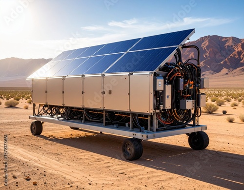 Mobile futuristic solar power unit on wheels in a desert setting. Concept for sustainable and portable energy solutions