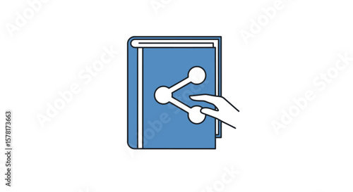 Hand interacting with share symbol on a book, concept of digital knowledge exchange
