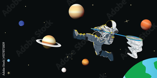 Art illustration of floating astronaut catching planets on outer space. Make effort to pursuing the dream beyond imagination. Poster background milky way galaxy adventure discovery science concept