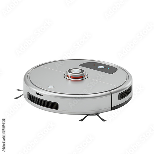 A silver robot vacuum cleaner isolated on transparent background