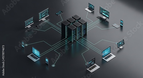 A futuristic data center with multiple server racks interconnected with various devices like laptops, monitors, and tablets, illustrating a complex digital network and information flow