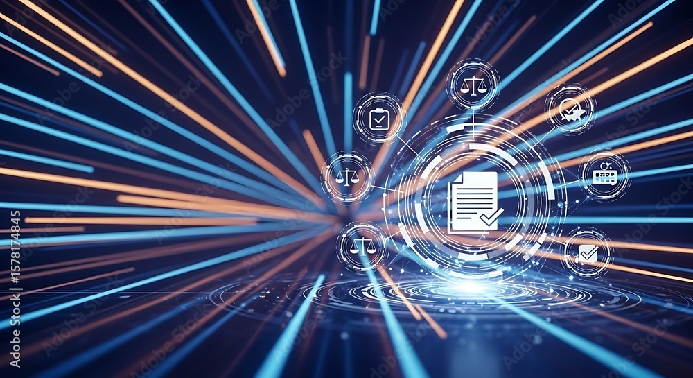 Fototapeta premium Abstract digital network with glowing lines and icons representing data, legal compliance, and technology