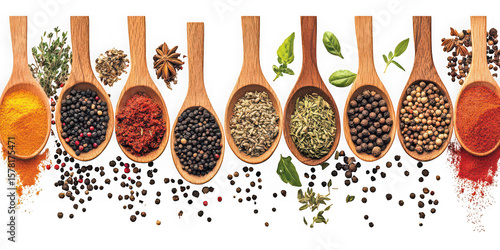 Collection of  wooden spoons filled with various spices and herbs on a black background real image, no blur, clear image, hd, full hd, photos, isolated white background