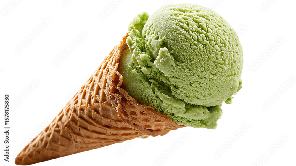 Fototapeta premium Matcha ice cream scoop in waffle cone isolated on transparent background 