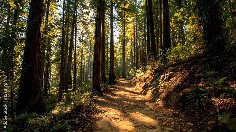 Naklejka premium Empty forest trail surrounded by tall redwood trees in California golden sunlight filtering through dense canopy natural shadows creating depth crisp earthy textures human eye perspective