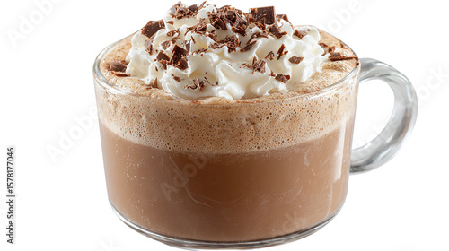 Mocha latte in glass with whipped cream and chocolate shavings, isolated on tranparent background 
