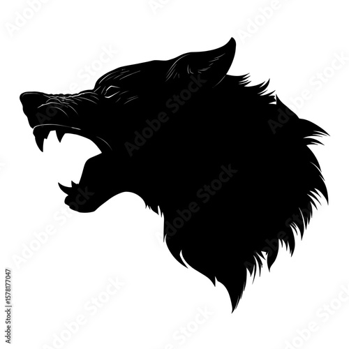 Angry Wolf Head Silhouette on White Background Featuring Sharp Teeth