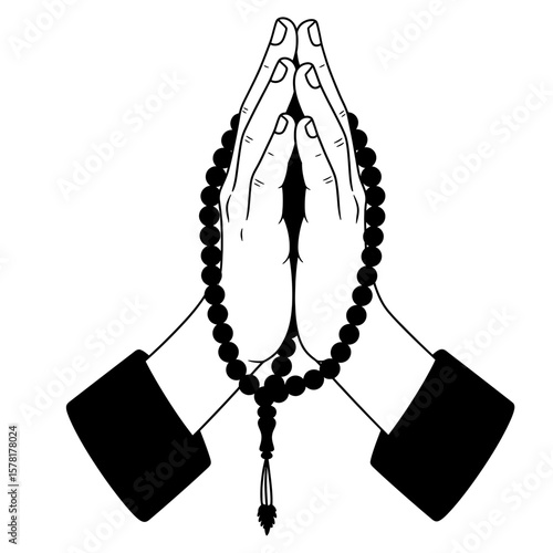 Praying Hands Clasp Black Rosary Beads in Hopeful Illustration on White Background
