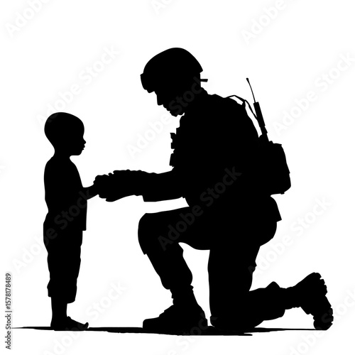 Silhouette of Soldier Kneeling and Holding Hands with a Child in Black and White