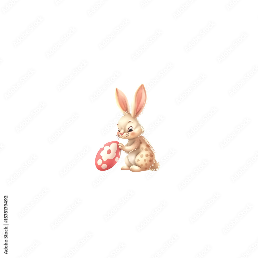 Obraz premium Easter bunny holding painted egg, pastel color palette, cartoon