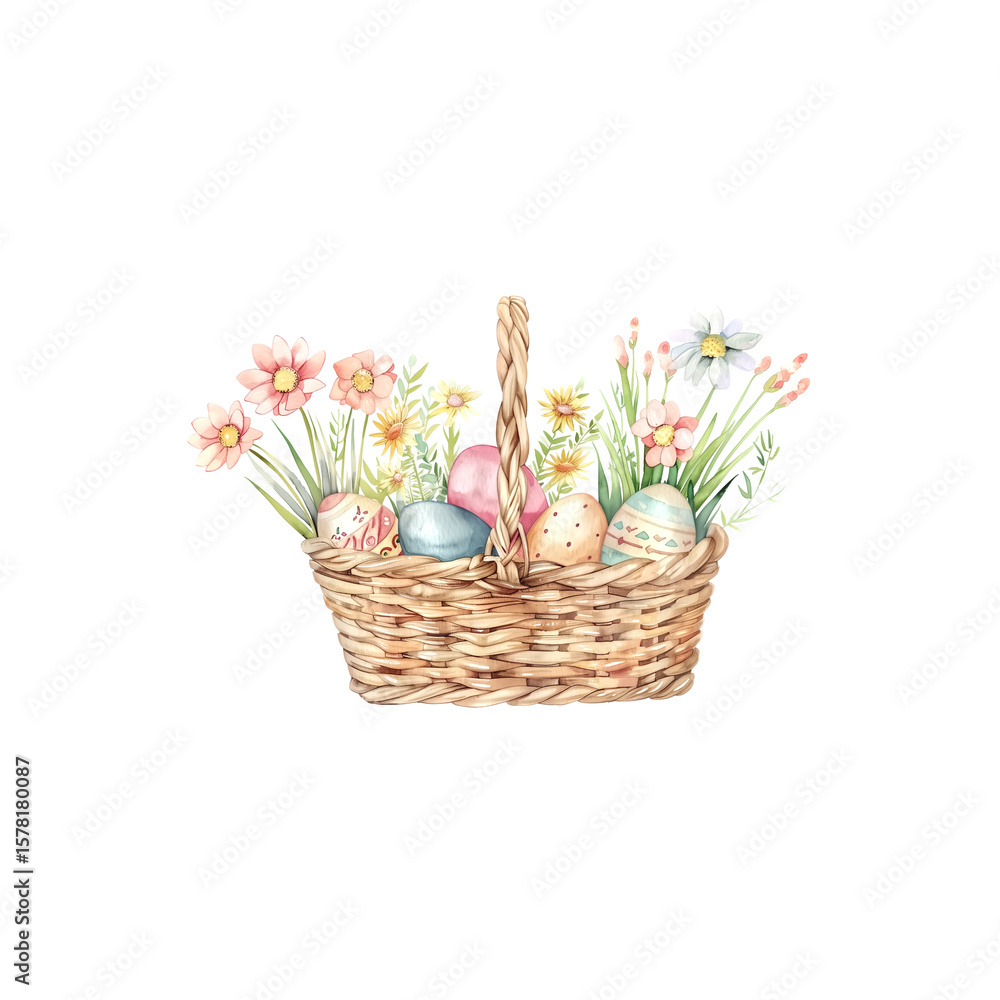 Obraz premium Easter basket filled with eggs and flowers, watercolor illustrat