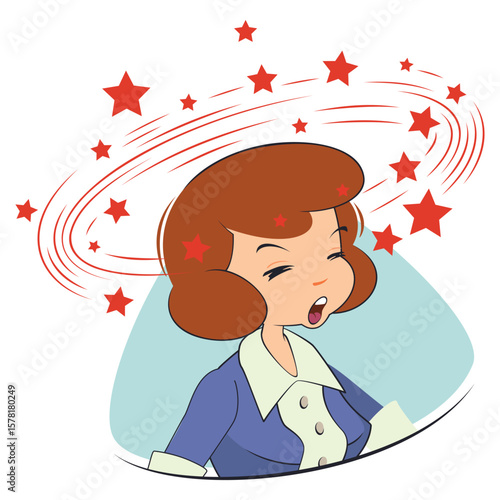Woman with dizziness and stars flying around head.