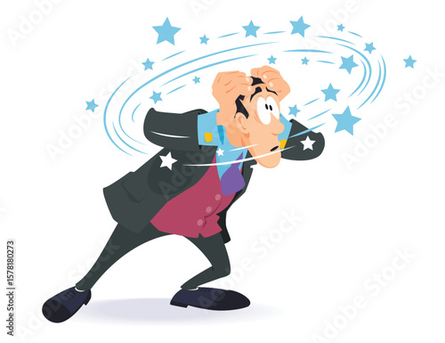 Man with dizziness and stars flying around head.