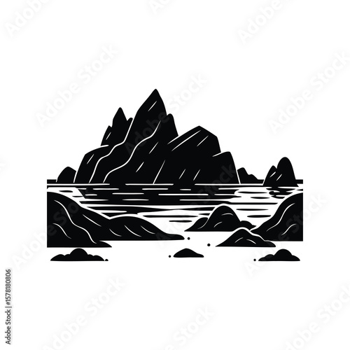 Monochromatic Mountain Range Landscape with Tranquil Water and Rocky Shoreline