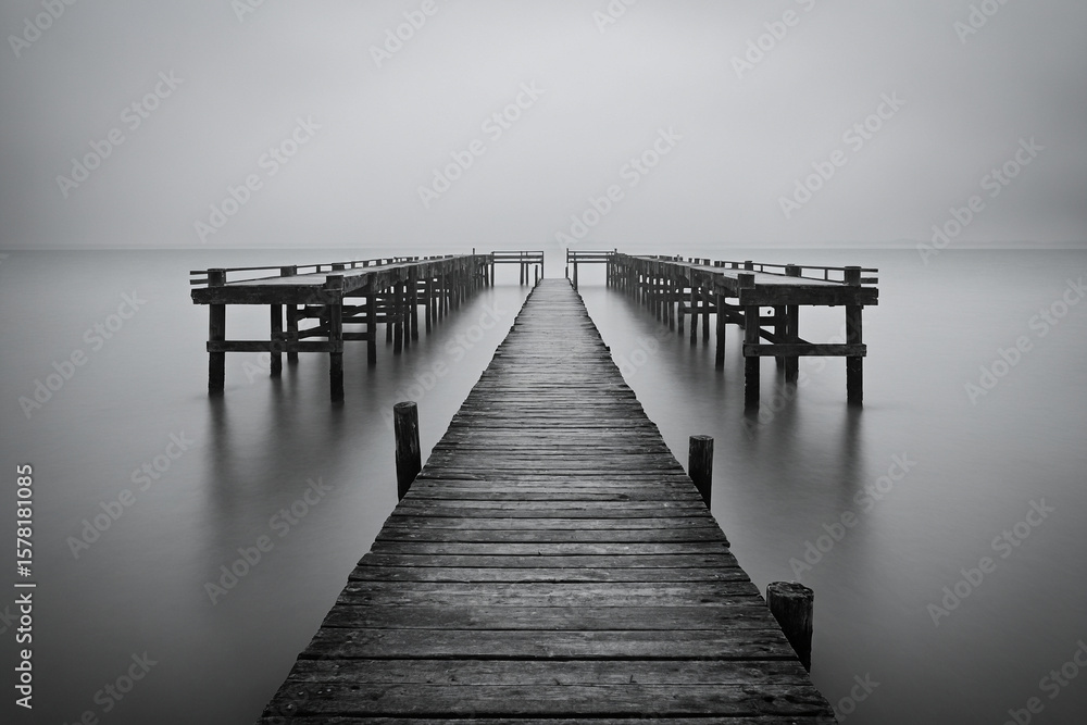 Fototapeta premium A monochrome long exposure photograph of an old pier extending into soft misty water with all edges softened and almost disappearing into white haze this HD image captures aged texture