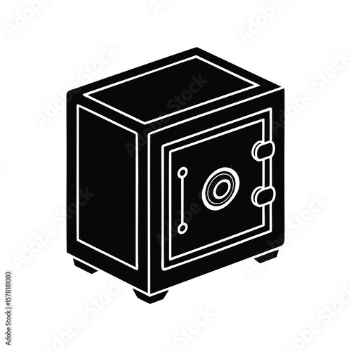 Isometric Black and White Image of a Safe with Circular Lock Mechanism