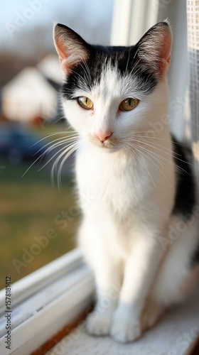Wallpaper Mural A white cat with black markings sits on a windowsill gazing outwards at the blurred landscape Torontodigital.ca