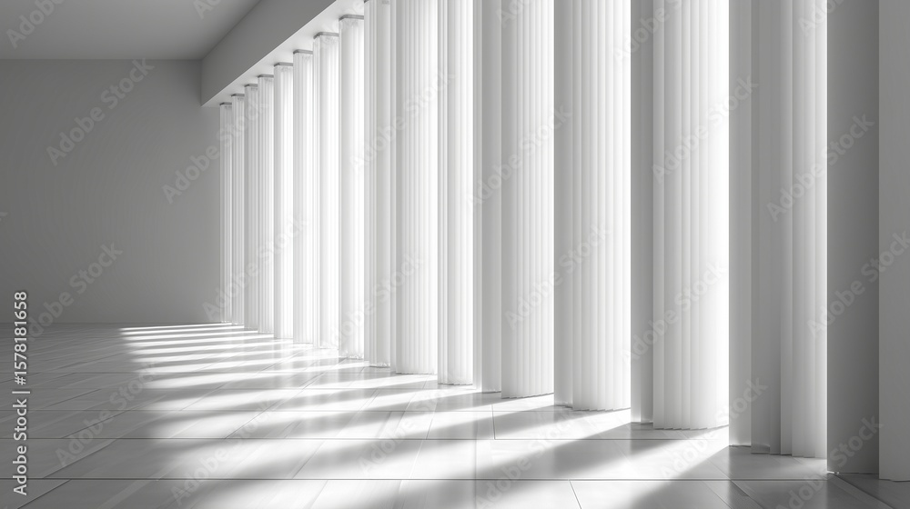 Obraz premium **Monotone vertical blinds in smooth white, casting linear shadows across a glossy tiled floor