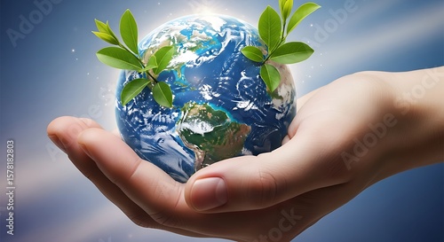 Earth in Hand with Green Sprouts Representing Environmental Protection, Fragile World Symbolizing Conservation Awareness