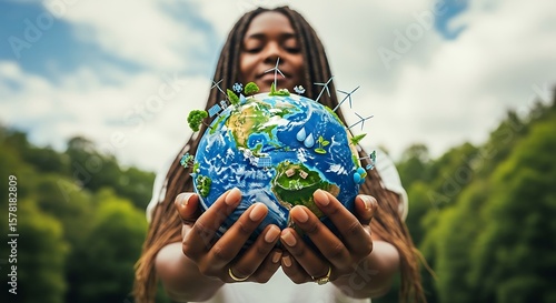 A young woman with locs gently holds a planet Earth model adorned with sustainable energy sources, Environmental steward caring for the planet's future with renewable resources