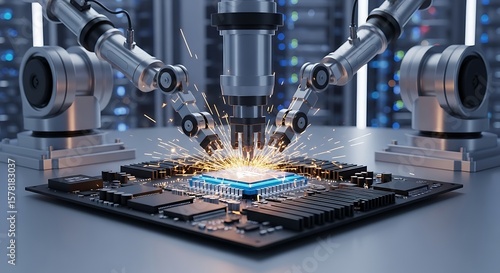 Robotic Arms Precision Manufacturing Computer Chip, Automated Assembly Line Sparks Close Up Processing