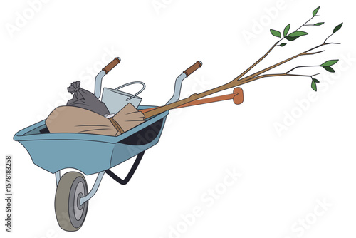Wheelbarrow filled gardening tools.